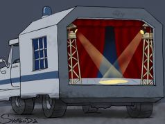 Автозак-театр, дело "Гоголь-центра". Рис. С.Елкина, источники - svoboda.org, www.facebook.com/sergey.elkin1